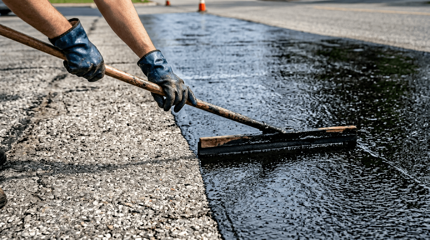 Worker applying glossy black sealcoat across asphalt pavement